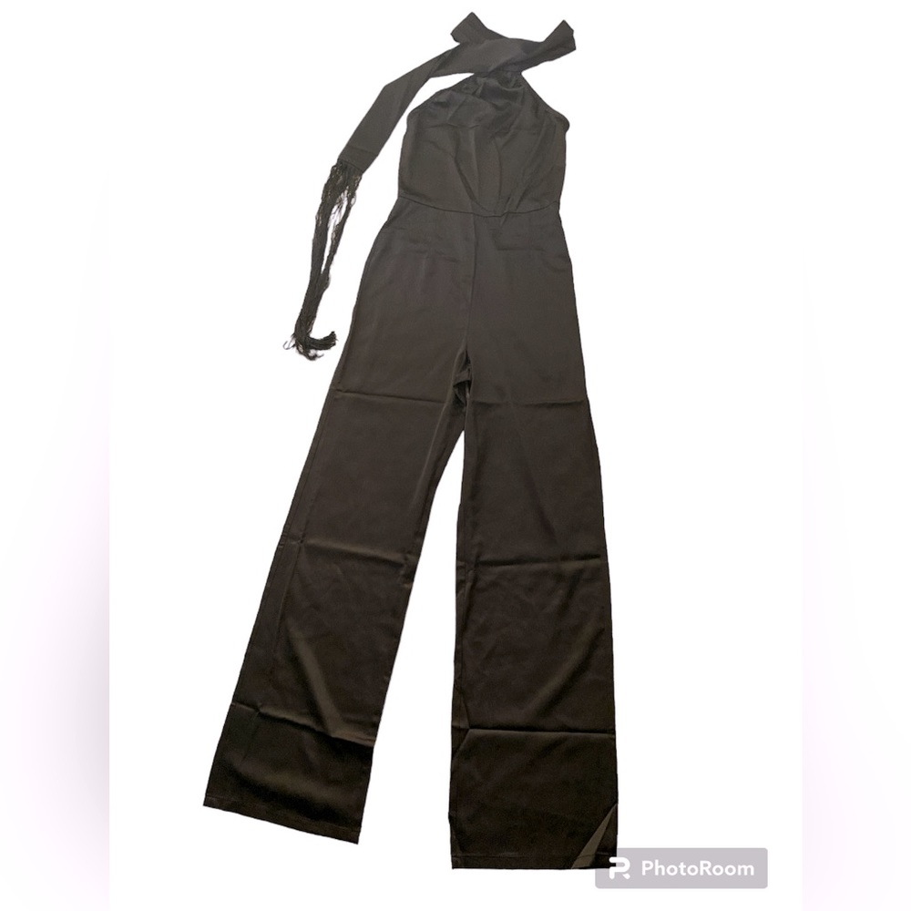 Tassel mock neck black jumpsuit